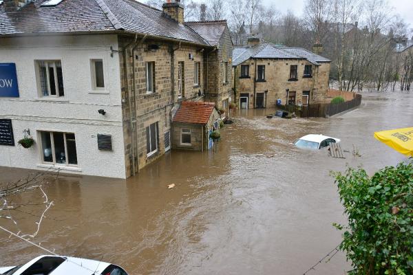 Photograph of a flooded village in Yorkshire, England