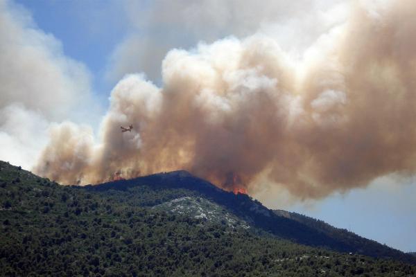 Smoke and flames from a wildfire over a wooded hill