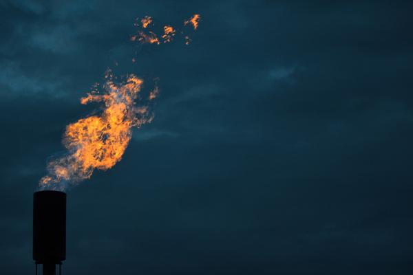 Methane burns from a flaring unit at a solid waste landfill. 