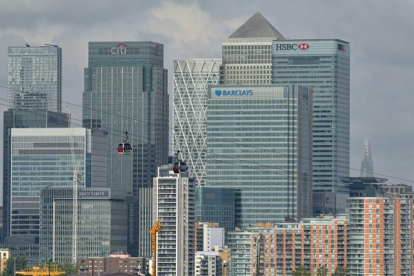 Block of skyscrapers in Canary Wharf, London, with cable car in the foreground