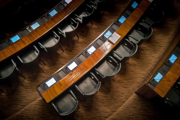 Large conference room with tables and chairs