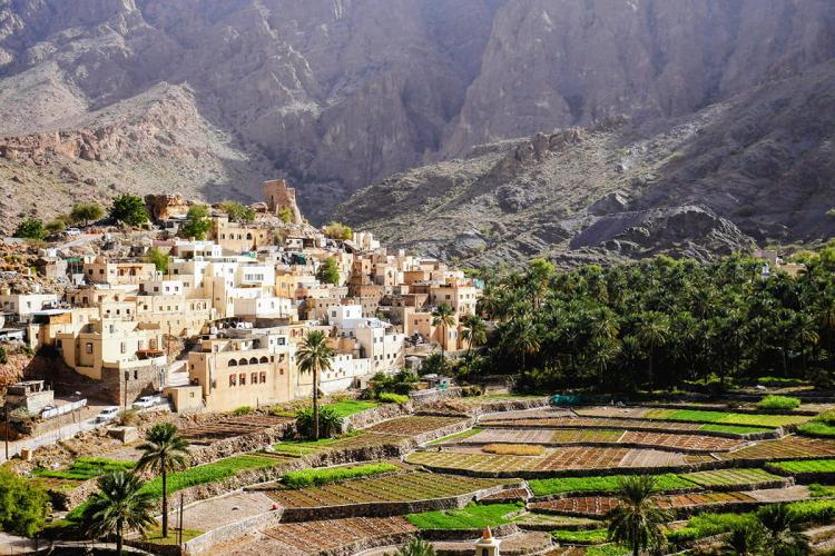 Traditional mountain village in Oman, with green fields, trees and houses against a backdrop of rocky slopes